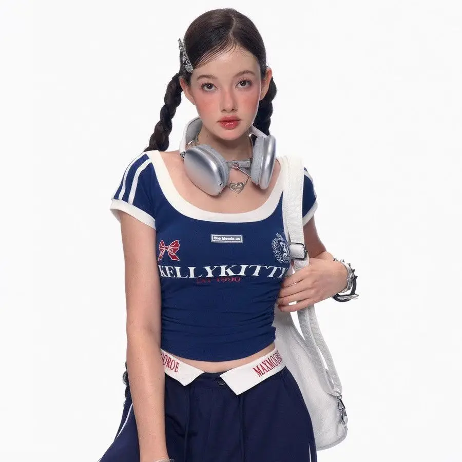 Amerikanischer Sportanzug für Damen, Sommer, Retro-T-Shirt, Röcke, zweiteiliges Set, lässiges Schlankheitsoberteil, Goth, sexy Mädchen, kurzer Harajuku-Y2K-Rock