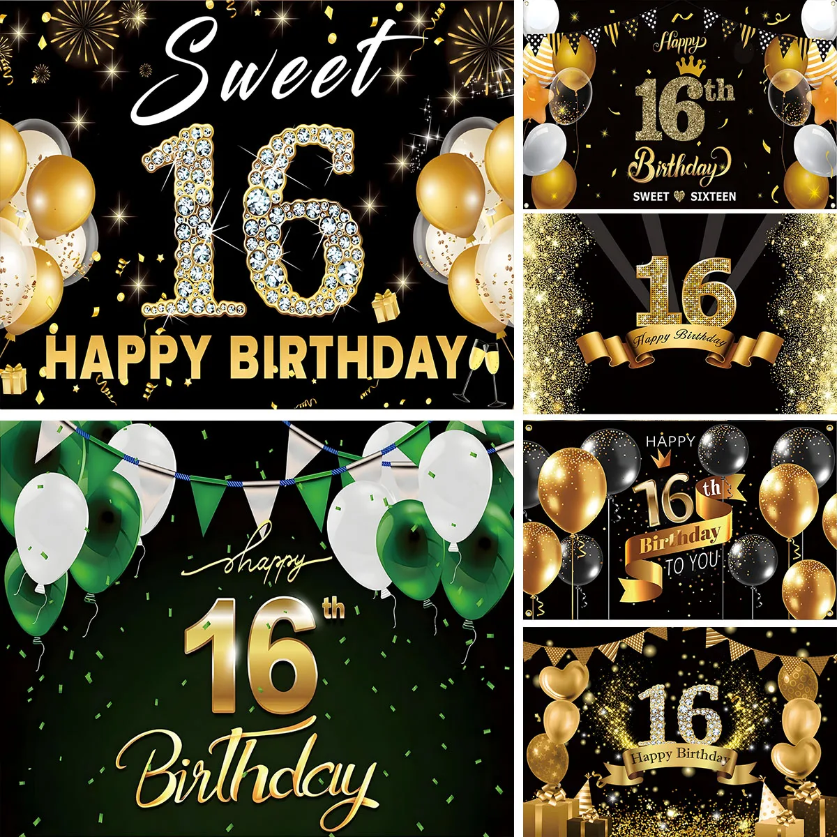 블랙 골드 16 번째 배경 풍선 소년 소녀 16 세 생일 파티 사용자 정의 사진 배경 케이크 테이블 장식 배너
