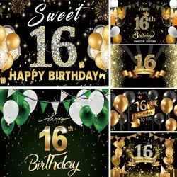 Black Gold 16th Backdrop Balloons Boys Girls 16 Years Old Birthday Party Customized Photo Background Cake Table Decor Banner