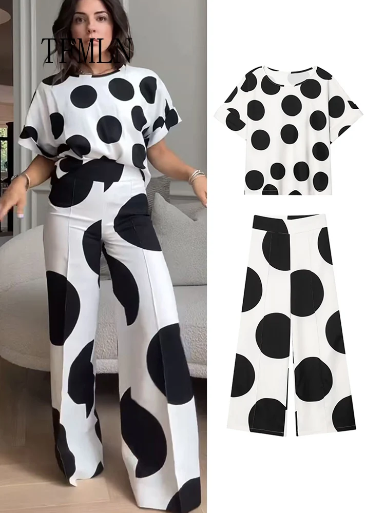 

TFMLN 2025 летние женские комплекты верхних брюк с точечным принтом, модная свободная футболка с круглым вырезом и короткими рукавами, брюки с высокой талией и боковой молнией, наряды