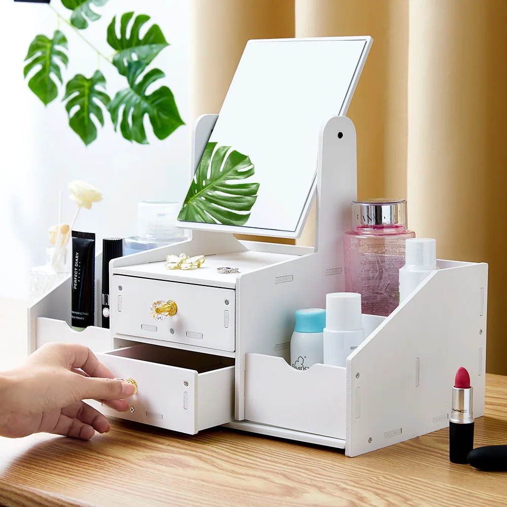 New Contains Mirror Drawer Makeup Storage Box Dormitory Finishing Plastic Shelf Cosmetics Skin Care Dressing Table Desktop