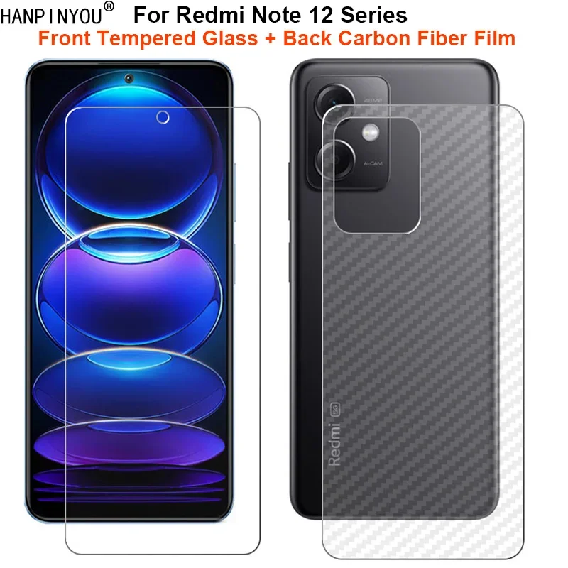 For Xiaomi Redmi Note 13 12 12s Turbo Pro Plus Speed Discovery = Back Carbon Fiber Film + Tempered Glass Front Screen Protector