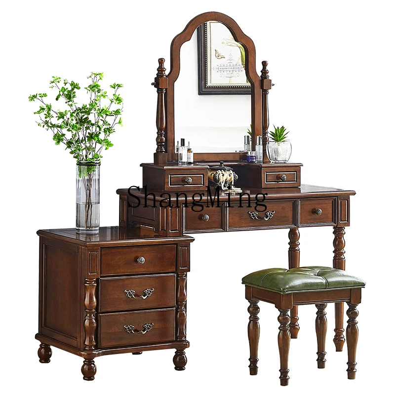 

ZHB solid wood dresser with makeup mirror with makeup stool combination bedroom small storage chest integrated retro makeup
