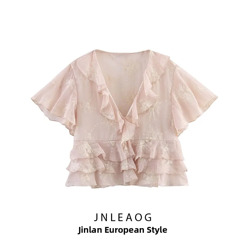 Blusa Decorativa en Capas con Bordado de Moda para Mujer JNLEAOG, Primavera 2025, Poliéster, Cuello en V, Manga Corta, Ajuste...