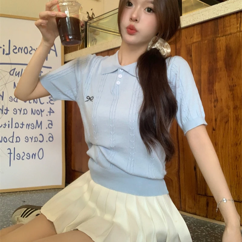 

Korean Fashion Shirts Women Bow Embroidery Turn-down Collar Knitted All-match Jacquard Trendy Young College Summer Clothing Ins