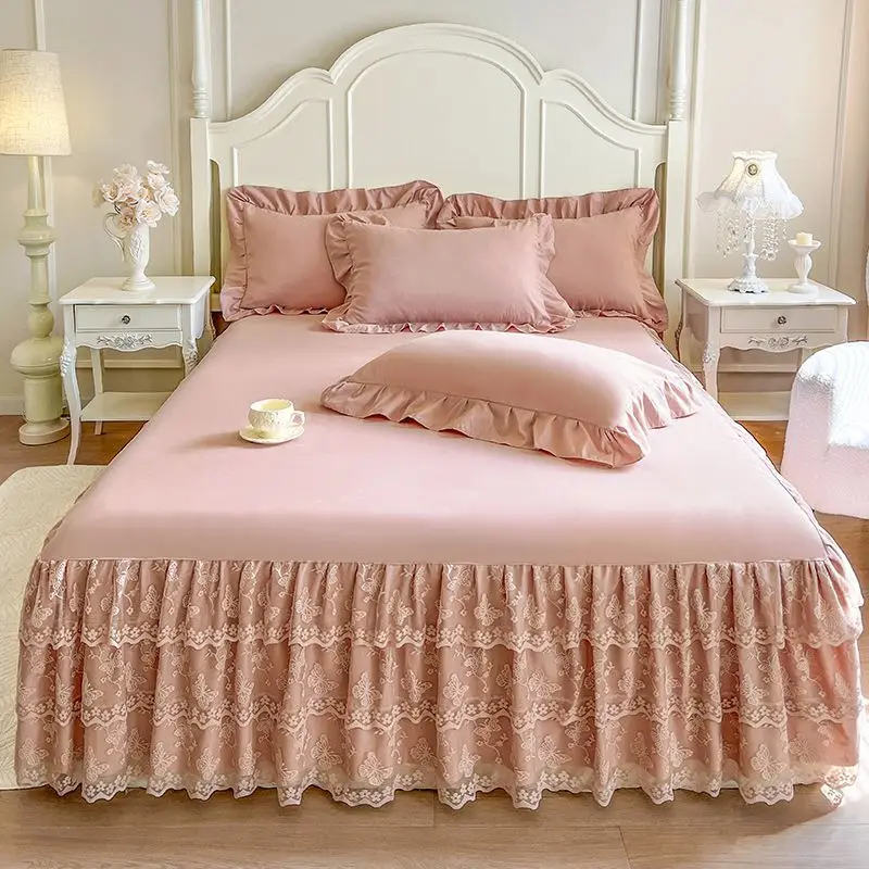 Korean Style Romantic Lace Ruffled Bed Skirt Solid Color Princess Bed Ruffle Dust Cover Single Piece Decor for Bedroom