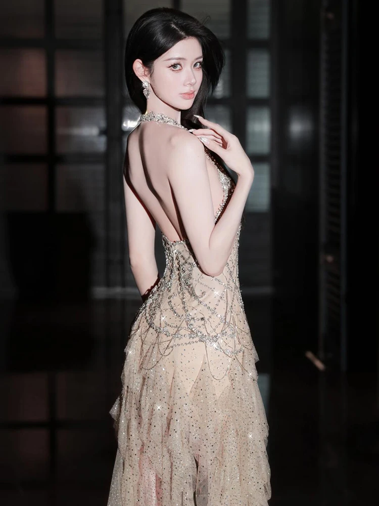 ชุดเดรสปาร์ตี้ L&P DQL สไตล์เซ็กซี่ สีแชมเปญ ผ้าทูลล์ประดับเลื่อมและลูกปัด ชุดราตรีงานเลี้ยง