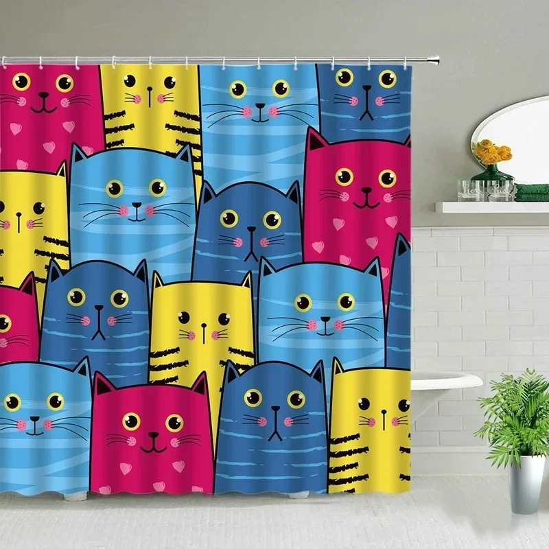 VIKAMA Funny Cat Bath Curtain Colorful Cartoon Kitten Group Pattern Waterproof Shower Curtain for Bathroom Decor