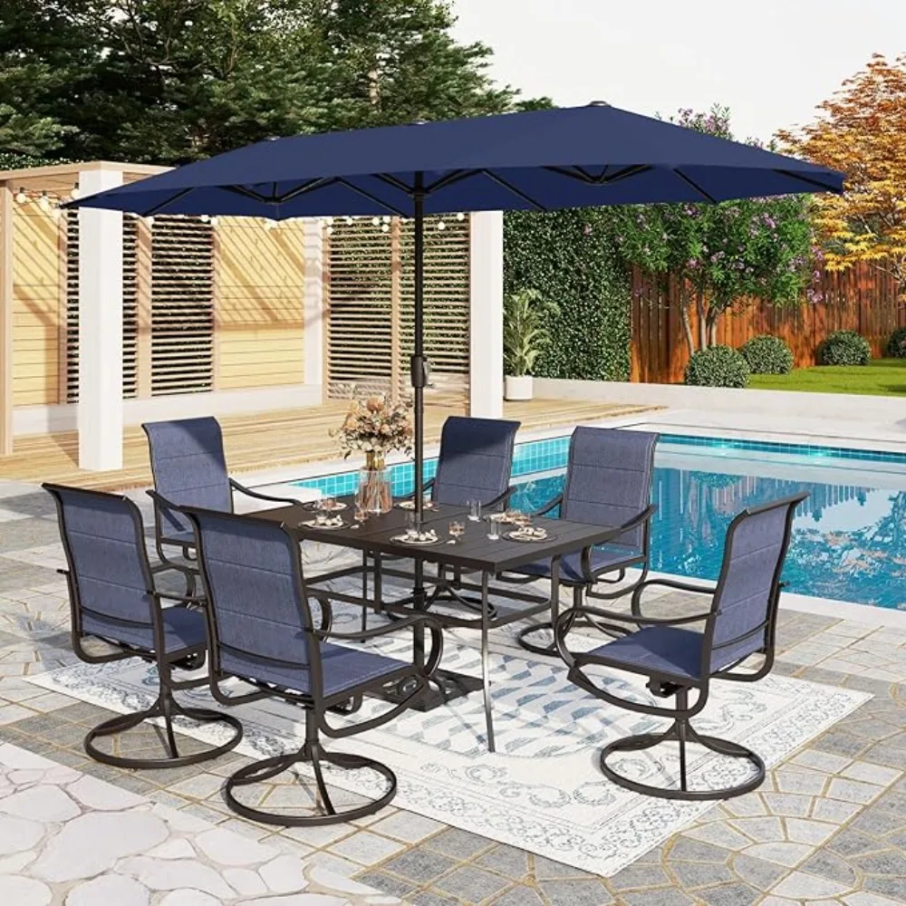 

8 Piece Patio Dining Set with Blue Umbrella,6 Padded Swivel Chairs & 1 Metal Table with Umbrella Hole,Garden Furniture Sets