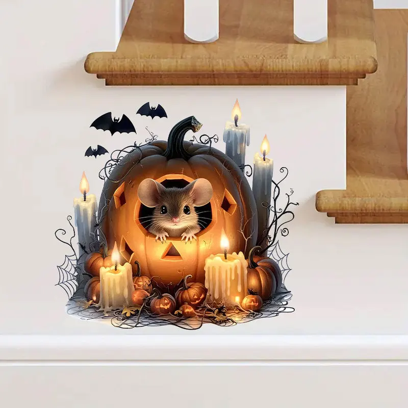 Healing Watercolor Pumpkin Mouse Halloween Wall Sticker, Dripping Candle Spider Web Bat Self Adhesive Decor Decal