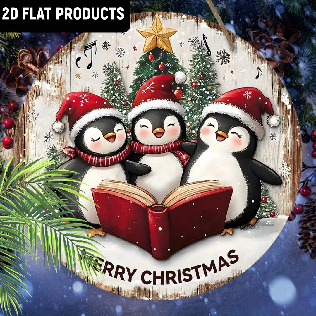 Christmas Joy 2D Printed Wooden Round Ornament Singing Penguin Christmas Tree Book Design Artistic Ring Ideal Wall Room Decor