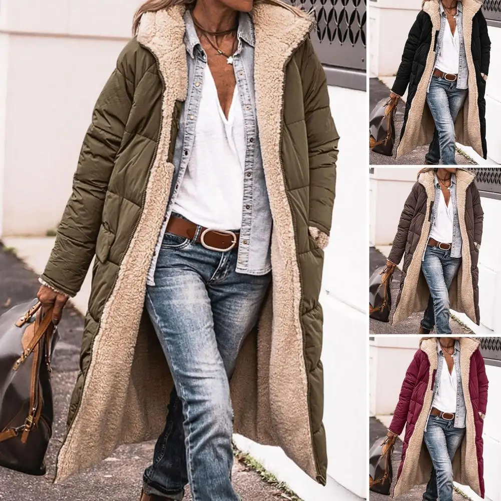 Chaqueta larga con capucha para mujer, abrigo elegante de invierno con capucha y bolsillos laterales, diseño de doble cara, corte ajustado medio