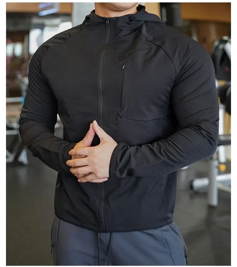 Hochwertiger Nylon-Sportmantel für Herren, Fitnessstudio, Fitness, Hoodies, Outdoor-Workout-Tops, Kapuzentraining, Laufen, Reißverschlussjacke, Kleidung – Detail 4