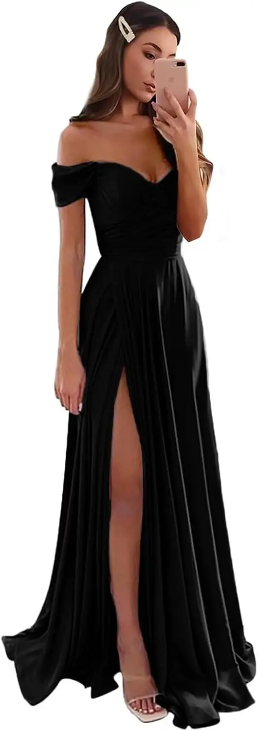 Vestido largo de dama de honor de satén con cuello en V y hombros descubiertos, borde con volantes y abertura, vestido de invitados de boda, vestido de noche Formal elegante, vestido de gala