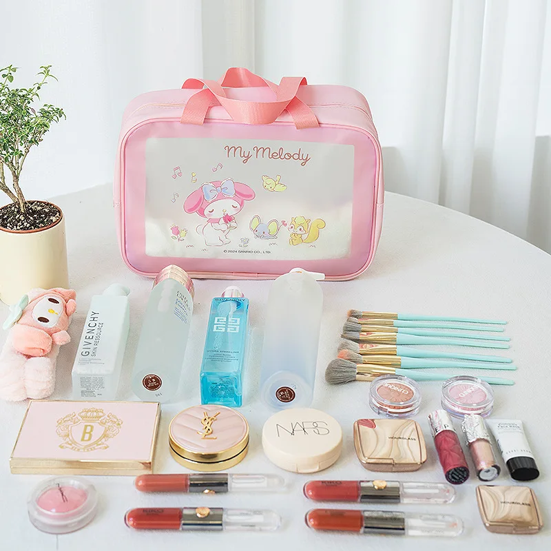 Bolsa de maquillaje Kawaii Sanrio Melody, bolsa de almacenamiento de artículos de tocador, bolsa de natación impermeable de gran capacidad, dibujos animados de Kouromi, transparente