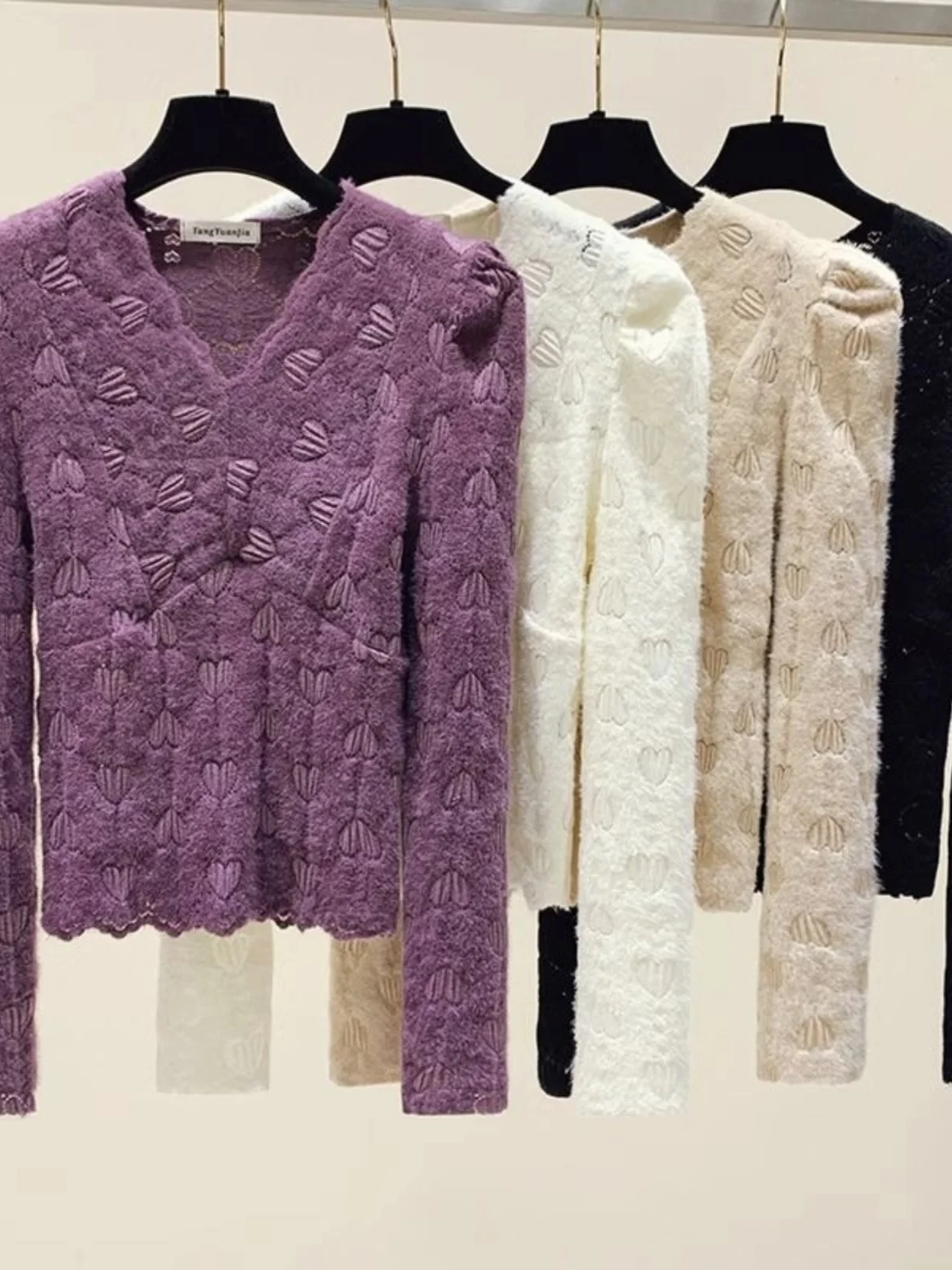 

Autumn Young Anti-Aging Lace V-Ne Long Sve Elastic Faionable Purple Top Women's Base irt Crew Ne Polyester Fiber