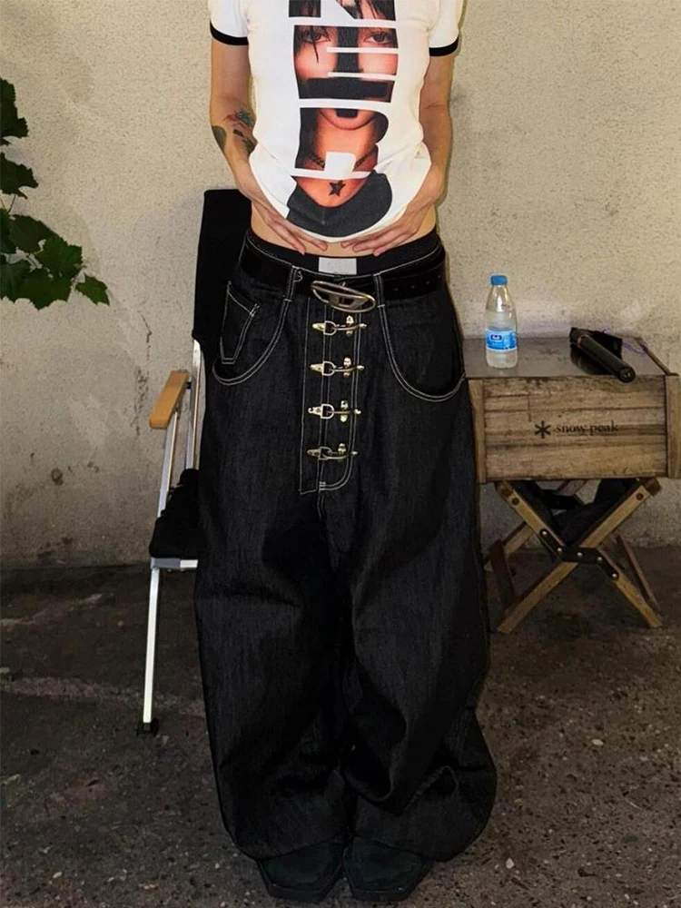 جينز عتيق بإبزيم معدني مغسول منحني واسع الساق جينز نسائي عالي الخصر مستقيم فضفاض من قماش الدنيم موضة الشارع جينز تنظيف #2