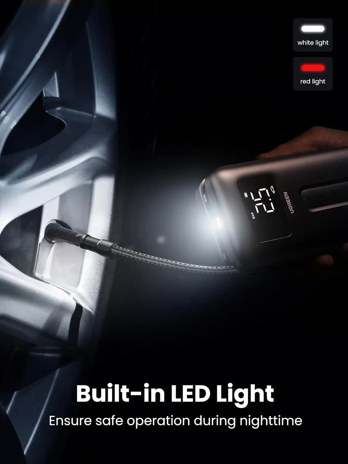 UGREEN タイヤインフレータ ポータブルエアコンプレッサー 150PSI エアポンプ バッテリー内蔵 LEDライト付き コードレス タイヤポンプ 車 バイク ボール用