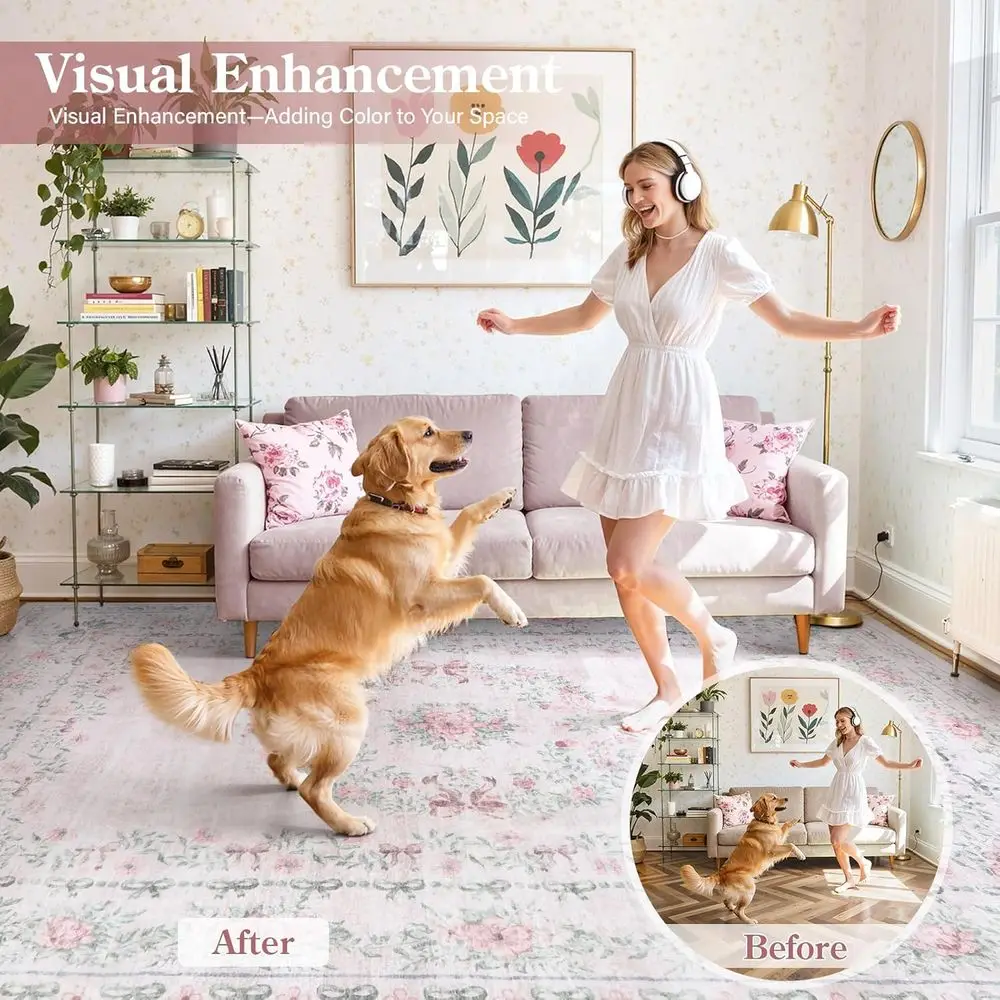 8x10 Light Pink Floral Bow Rug, Washable Soft Boho Style for Girls' Bedroom, Kids' Room, and Nursery