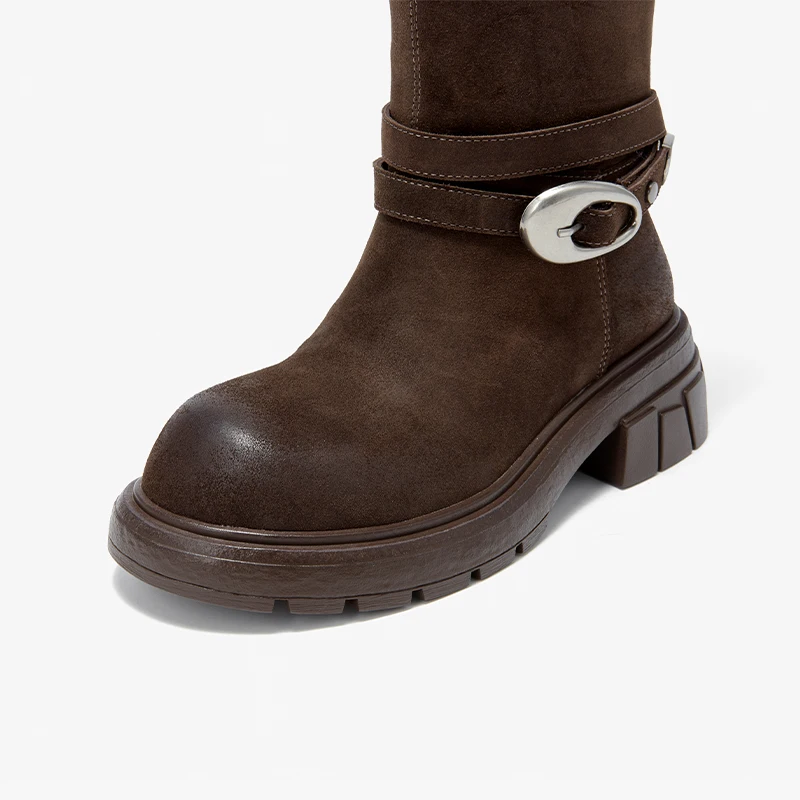 BEAUTODAY Knee High Boots Women Cow Leather Round Toe Solid Color Thick Heel Belt Buckle Retro Knight Tube Boots Handmade 01610