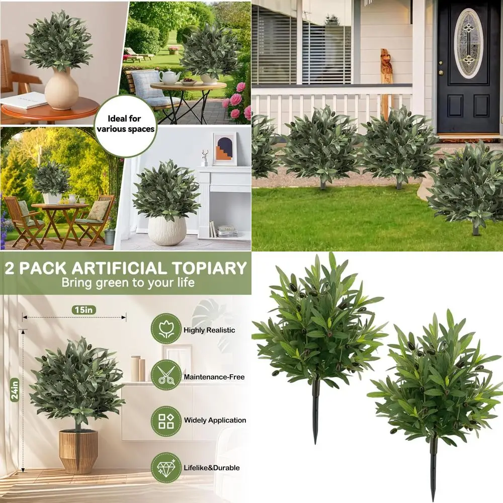 

Искусственное оливковое дерево-топиарий 24 дюйма с кольцом-основанием, УФ-стойкие уличные растения, набор из 2 штук для декора веранды
