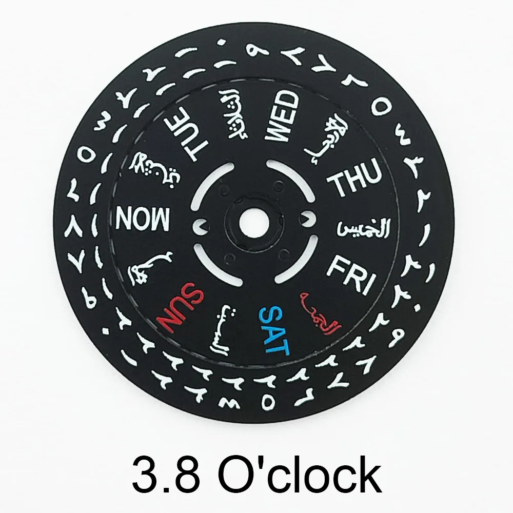 Runder Kalender/Radkalender-Scheibe für NH-35-36 Uhrwerk, arabische Ziffern, Datum bei 3/3,8 Uhr, Tag, Uhrwerk-Modifikationsteile – Detail 4
