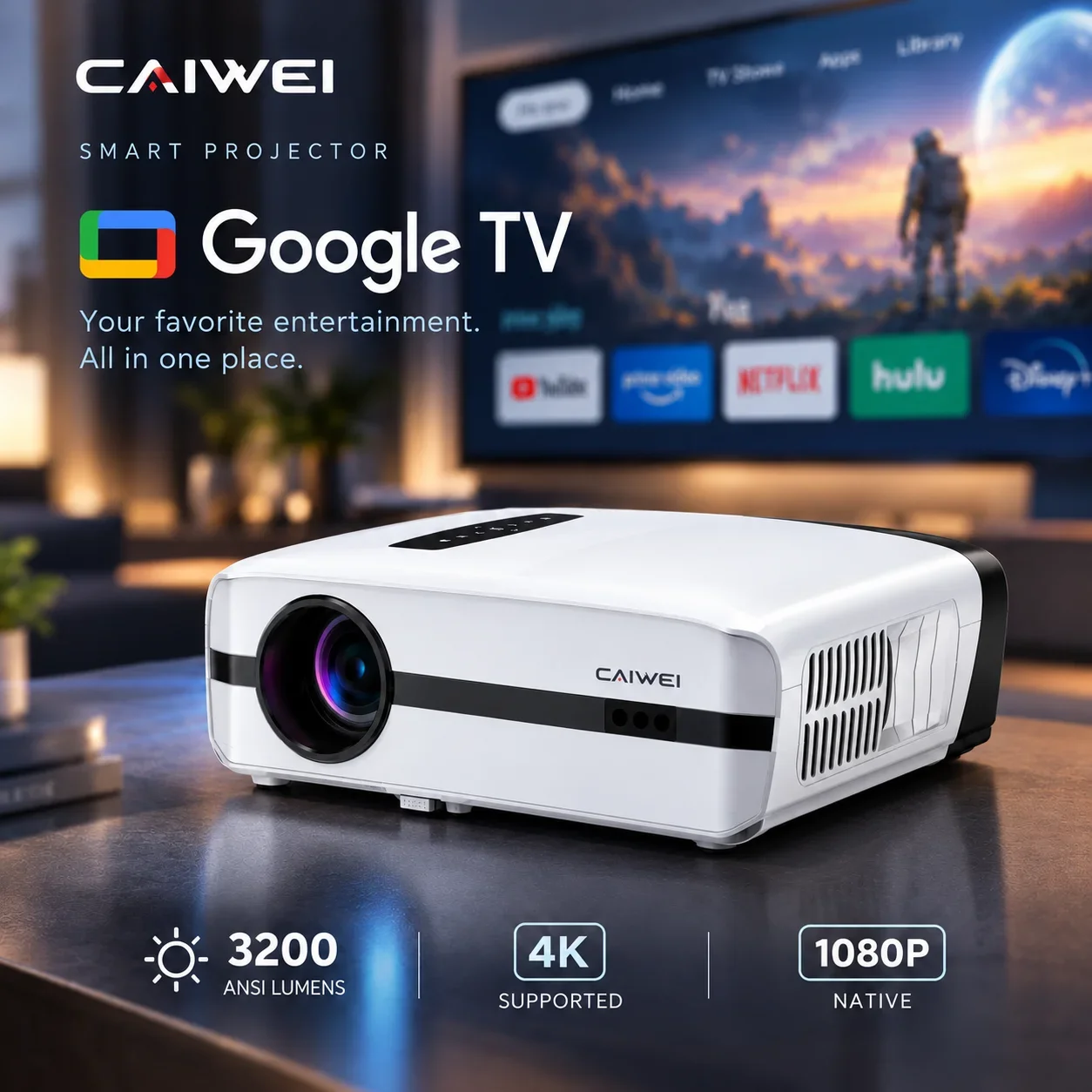 CAIWEI A9S Projector for Movies 4K 4200ANSI Google TV Full HD 1080P Home Cinema Auto Focus Smart Portable Projectors for Outdoor