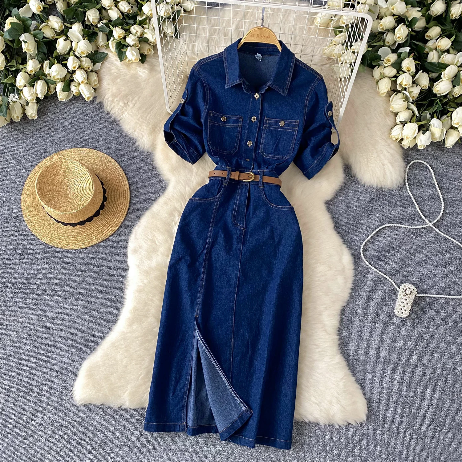 Women Summer Polo Collar Single Breasted Belt Design Niche Temperament Mid-Length Office Lady Dresses Vestidos