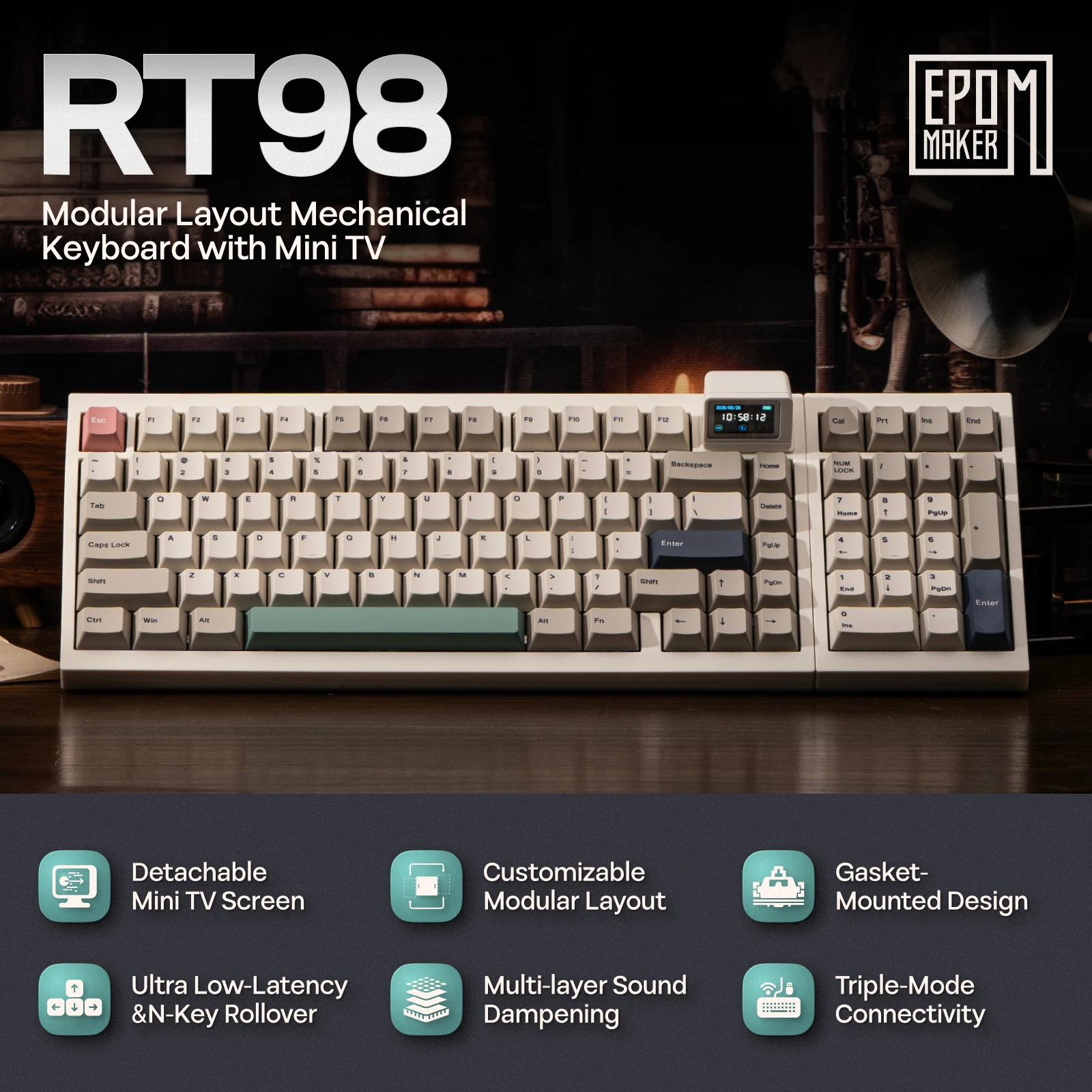 EPOMAKER RT98 98% ANSI US Layout Tri-mode Wireless Modular Retro Mechanical Gaming Keyboard with Detachable Mini TV for Win/Mac