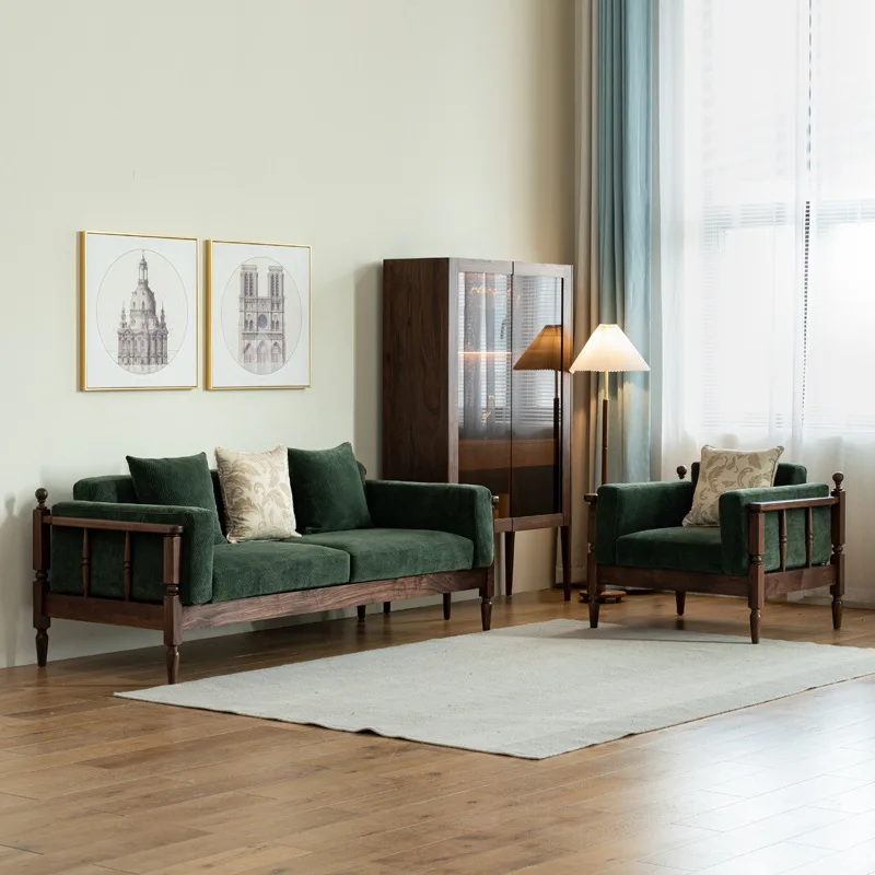 

Nordic solid wood sofa North American black walnut living room small apartment three-person simple modern fabric retro green