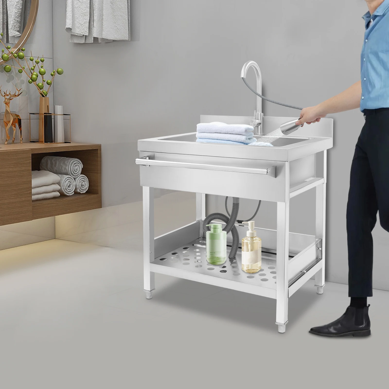 

201 Stainless Steel 78x56x100cm Free-standing Sink with Telescopic Faucet Storage Rack Independent Kitchen Sink