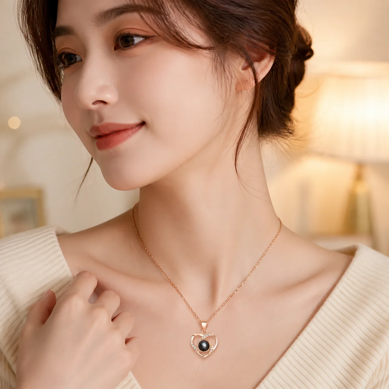 S925 Silver-Inspired Heart Pendant Necklace with Adjustable Titanium Steel Clavicle Chain Featuring Multi-Layer Projection Desig