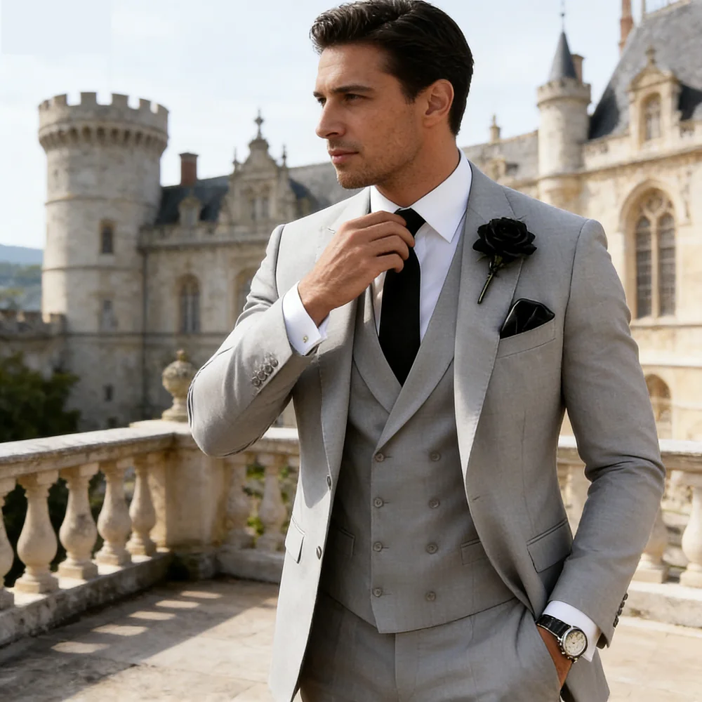 

Мужской свадебный костюм-тройка Slim Fit: пиджак, двубортный жилет и брюки — формальный мужской костюм