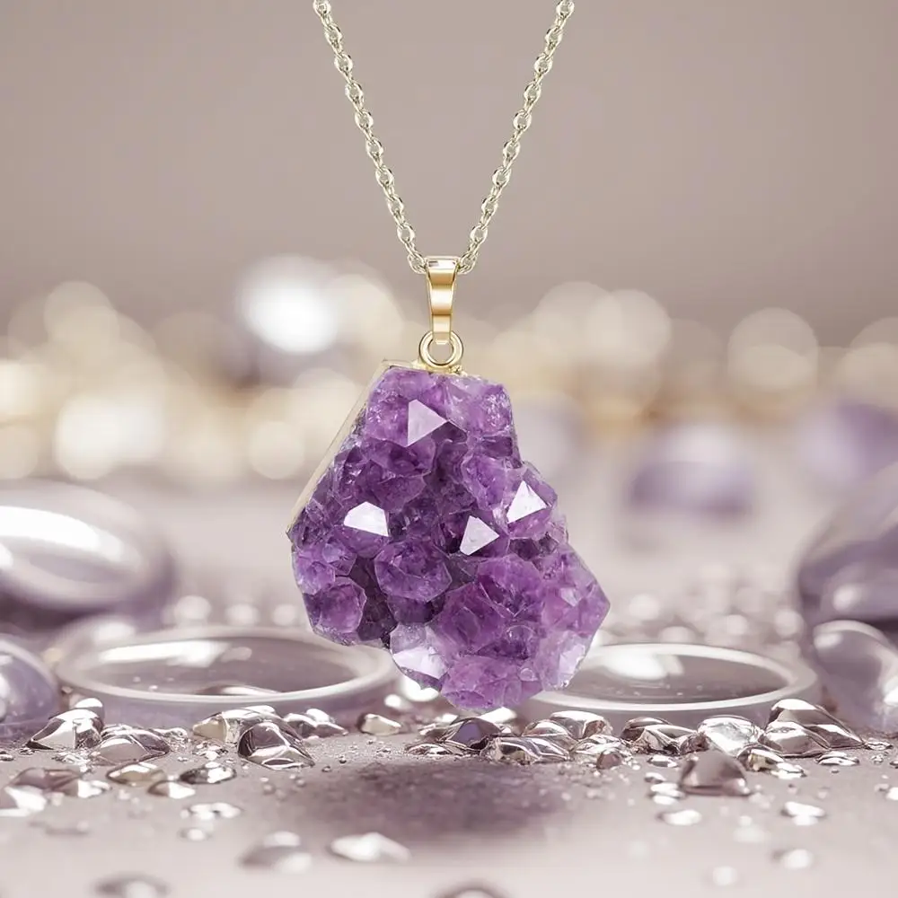 1pc Amethyst Cluster Crystal Necklace for Women Men, Irregular Raw Rough Loose Gemstones Amethyst Quartz Stone Pendant Necklace Jewelry - Creative Gifts for Father, Mother, Friends, Sisters and Grandparents on Valentine's Day, Birthday, Anniversary - view 2