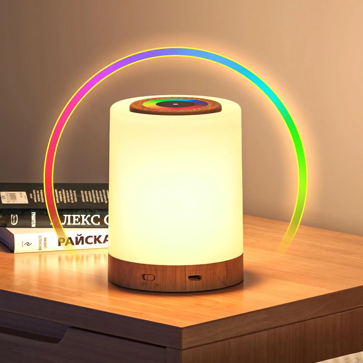 Bedside lamp touch dimmable, 10 colors and 4 modes night light USB rechargeable, infinitely dimmable LED light.