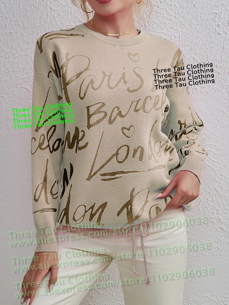 

Модный вязаный свитер, женские толстовки с буквенным принтом, популярный джемпер с круглым вырезом, топы, осенне-зимний трикотаж, весенняя одежда