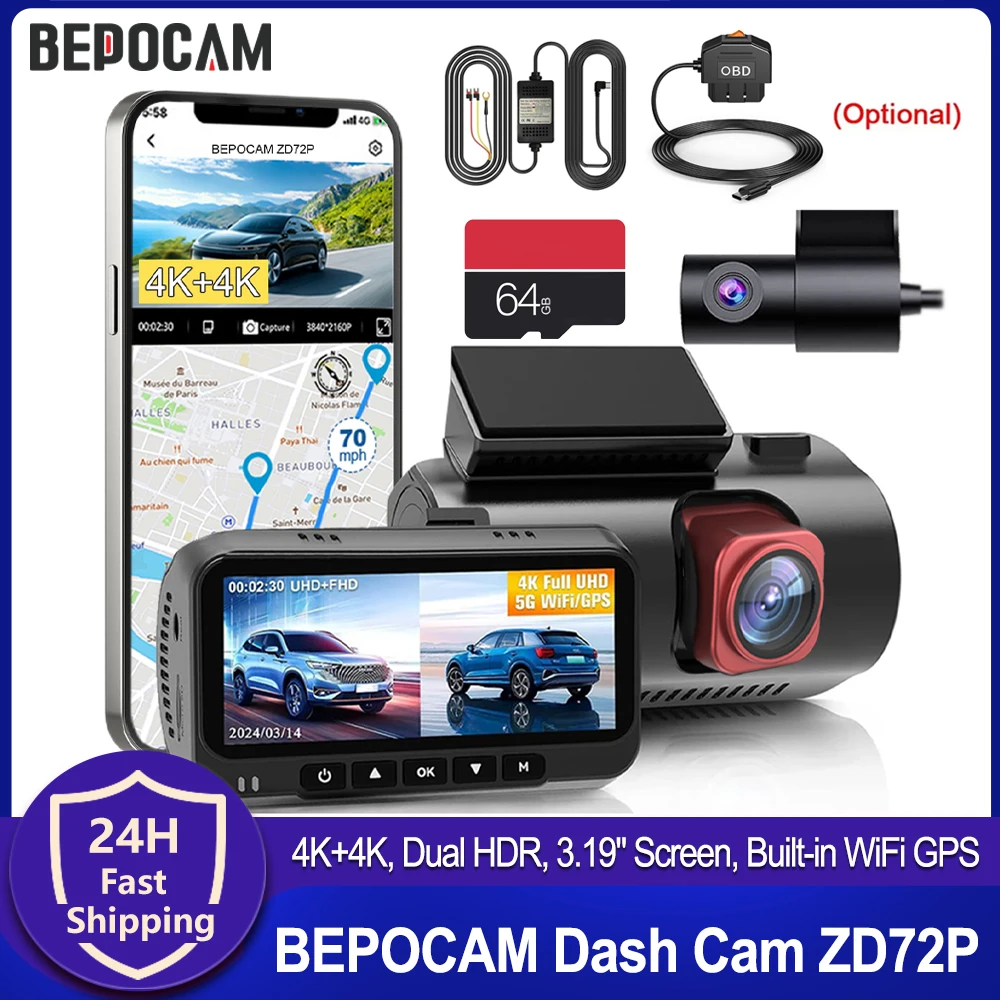 BEPOCAM 4K HDR Dash Cam Dash Car Camera Built-in WiFi GPS 3.19