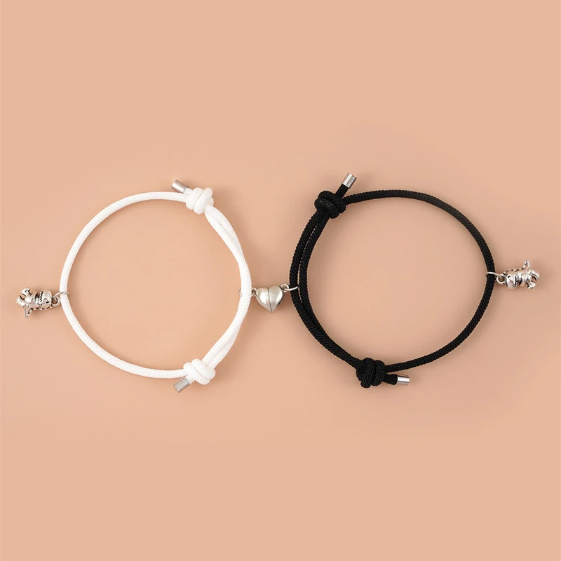 2pcs Magnetic Stainless Steel Dinosaur Pendant Heart Charm Couple Bracelets Lover Friend Men Women Braid Rope Bangle