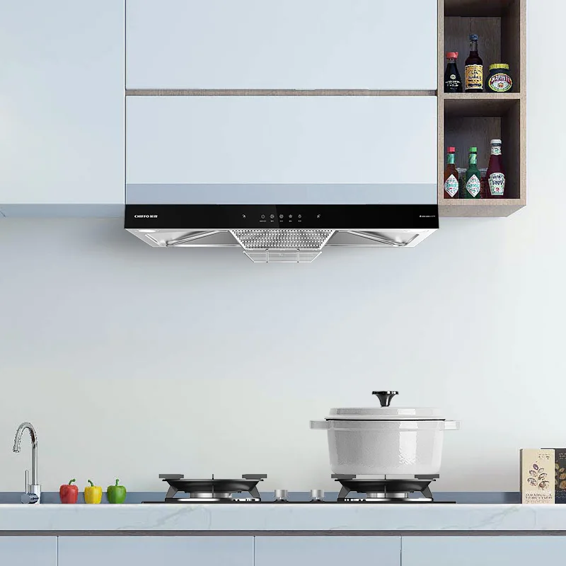 High-quality Smart Home Range Hood Black Glass Panel 90cm Width Powerful Suction Wall-mounted