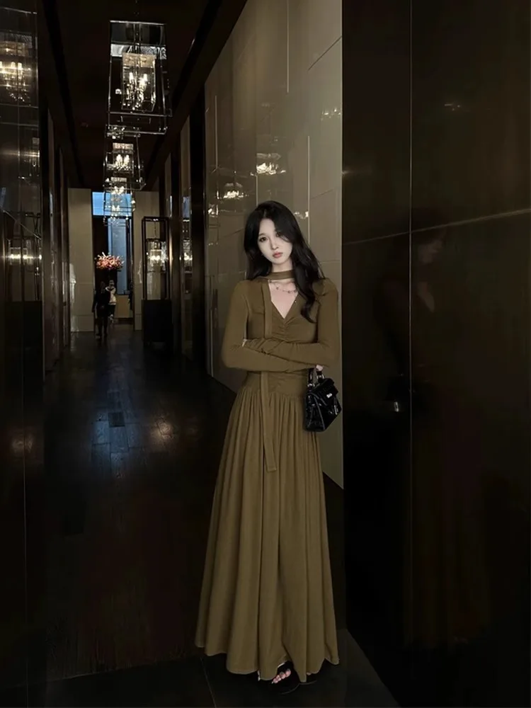 Dresses Long Sleeved Womens Civil Wedding Spring Satin Twisted All-Match Flared Waistless Dropped Shoulder Minimalist Chic Style