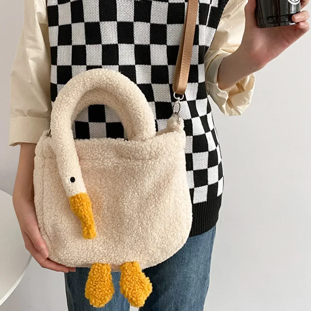 Kawaii Plush Goose Shape Handbag Women Winter Lambwool Crossbody Messenger Bag Girls Cute Shopping Tote Bag Ladies Shoulder Bag