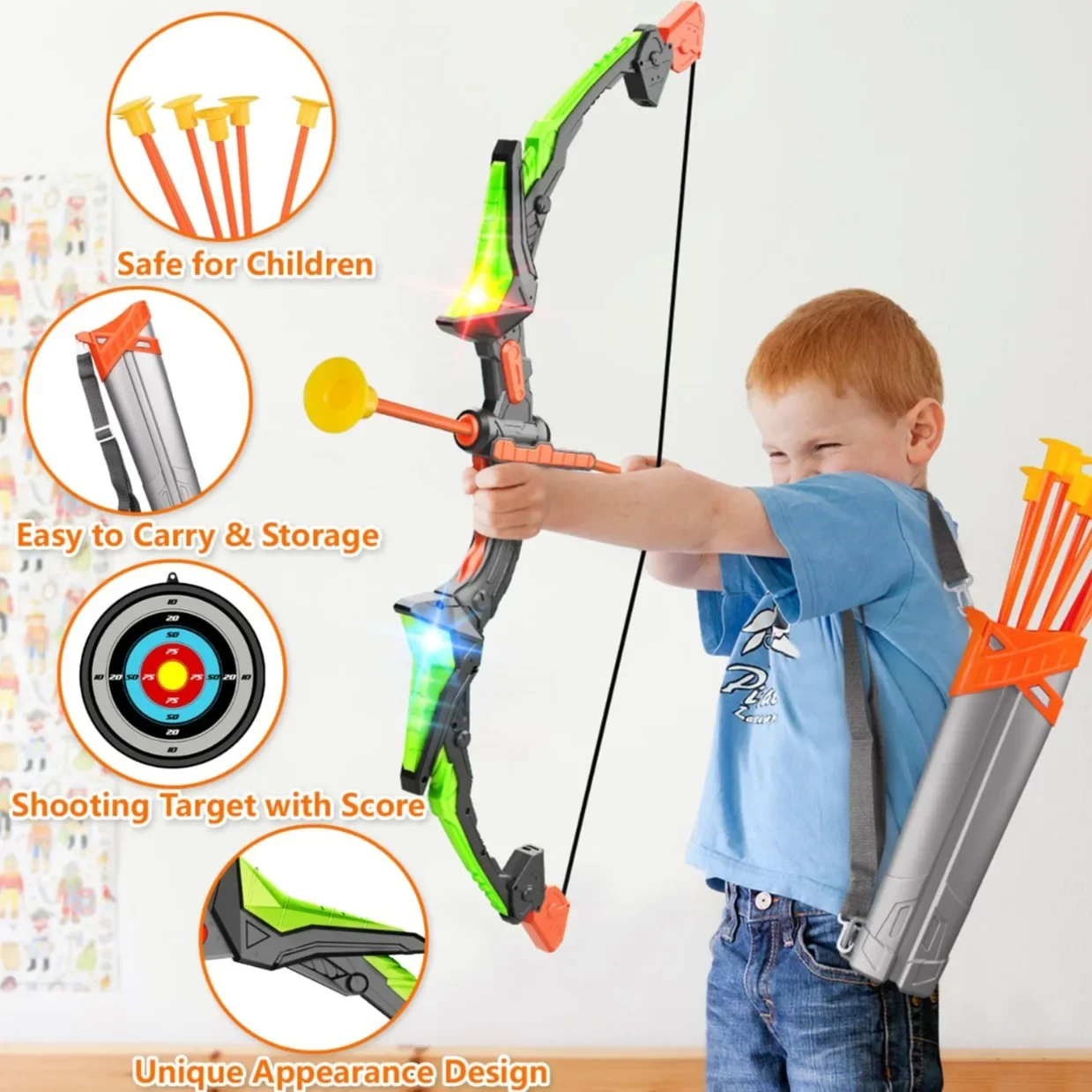 Light Up Archery Toy Set para crianças Arco e flecha, Brinquedos ao ar livre com alvo em pé, presentes de aniversário, Jogos Indoor, meninos e meninas