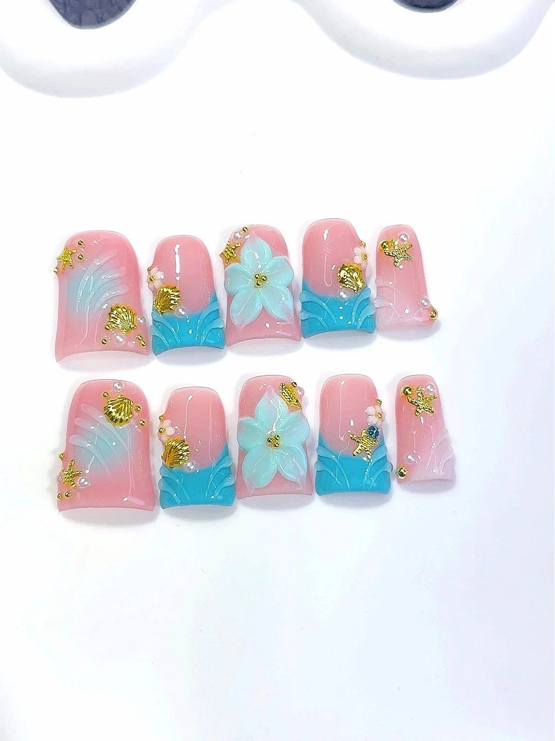 

Pastel Pink & Blue Mermaid Press on Nails - 3D Seashell, морская звезда, цветок, жемчужный акцент, накладные ногти ручной работы для женщин (L292)