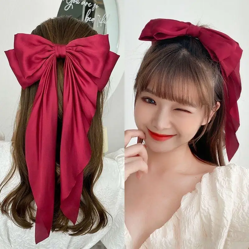 Koreanische Accessoires Haarspangen für Frauen und Mädchen, große Schleife aus festem Satin, lange Bandschleifen, Federklemme, Haarspange für Damen 2026 – Detail 8