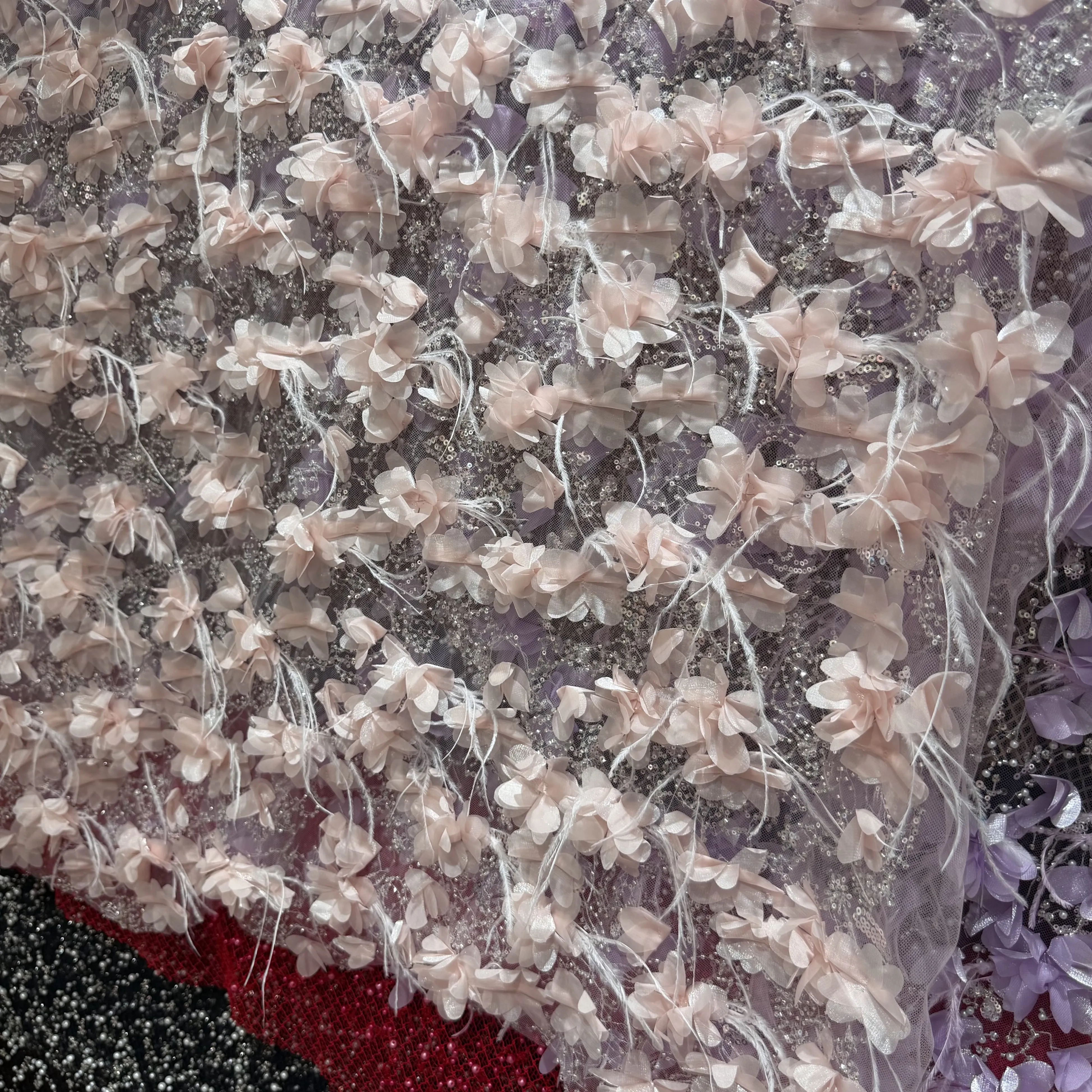 Exquisite Flowers White Fur Embroidery Gown Fabric Lace Transparent Mesh Sequins Fabric