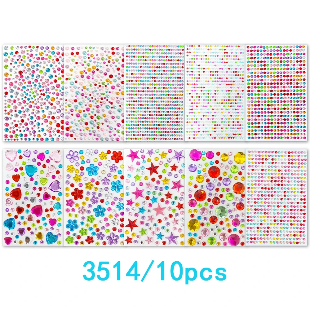 3514Pcs Self Adhesive Rhinestone Gem Stickers 10 Sheets Assorted Shapes Acrylic Glitter Jewel Decals Bling Charms Face DIY Craf