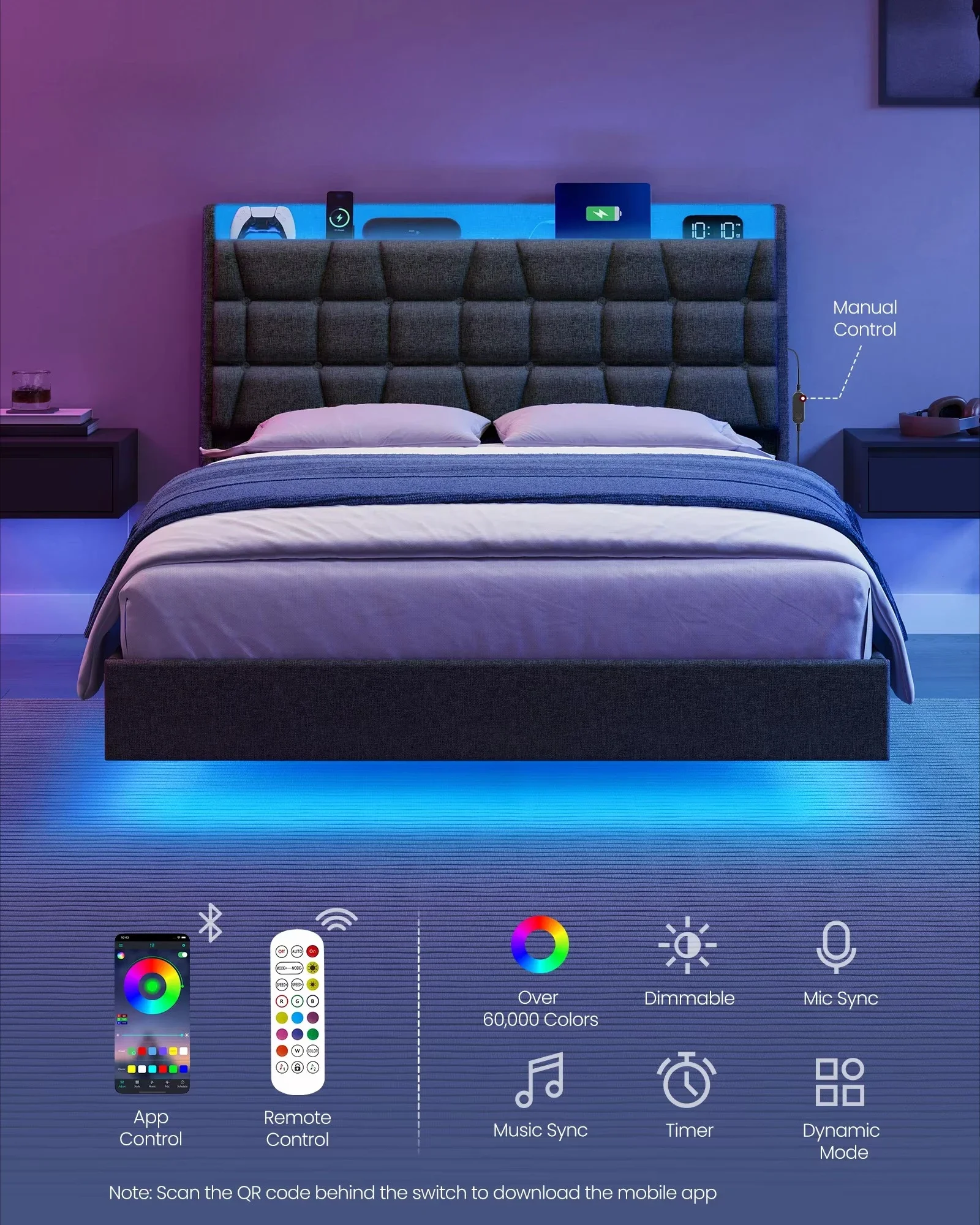 VASAGLE Full Bed Frame with Charging Station Tufted Storage Headboard Full Size Floating Bed Frame with LED Lights