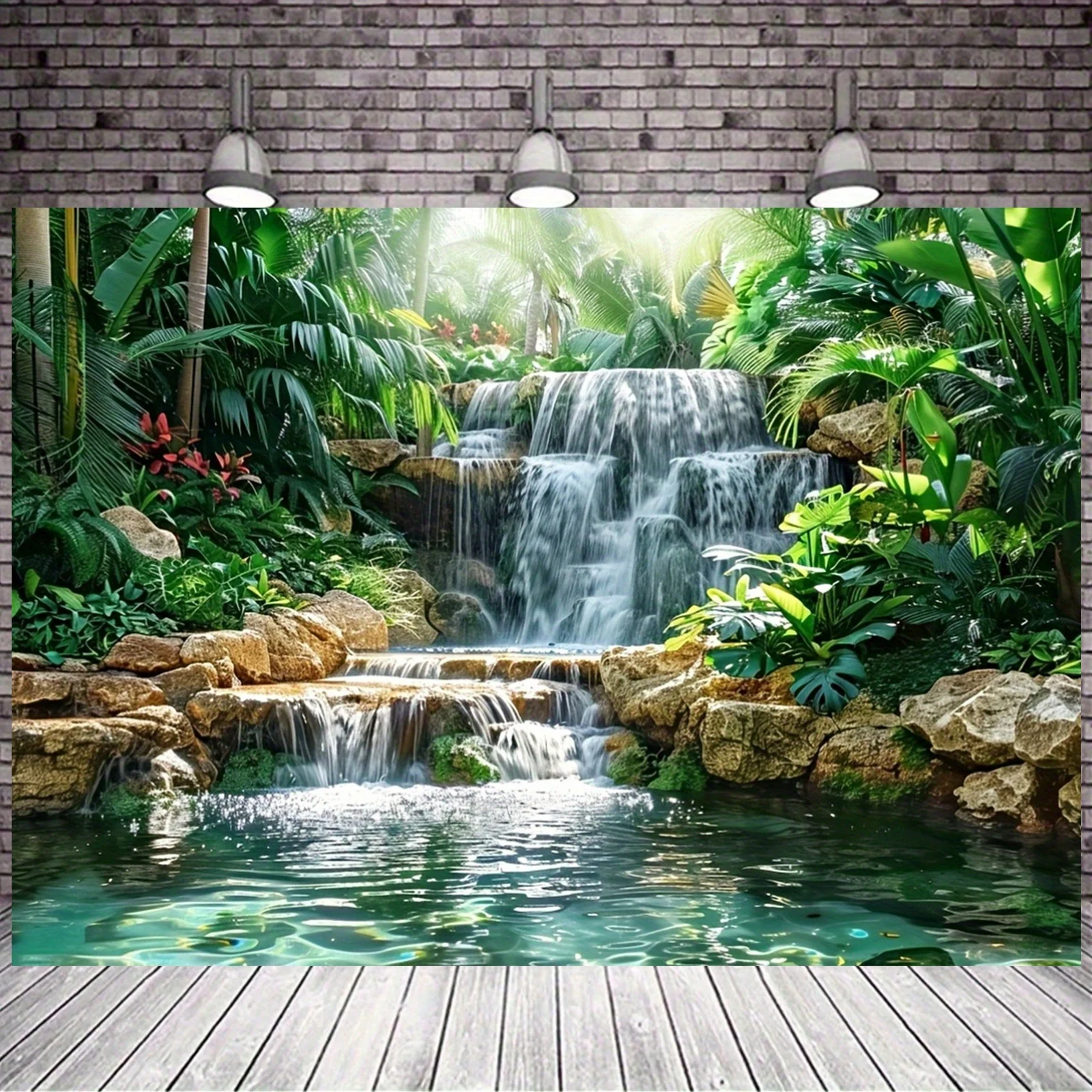 Fondo de jardín en cascada Banner de poliéster, decoración de pared de fiesta de uso general y cola - escena del bosque y del río