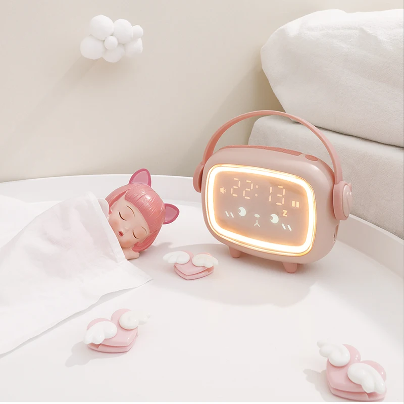 Kids USB Charging Light Emitting Diode Desk Lamp Time Angel Sleep Trainer Alarm Clock Bedside Light Strip