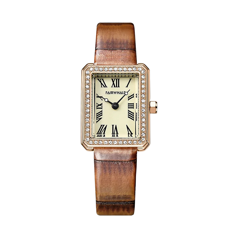 

Mark Fairwhale 3380 Fashion Trend Roman Diamond Rectangle Women's Watch with Brown Leather Strap Watches Lady